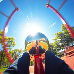 A whimsical view from the perspective of someone sitting on a simple metal merry-go-round, spinning around joyfully