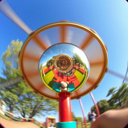 A whimsical view from the perspective of someone sitting on a simple metal merry-go-round, spinning around joyfully