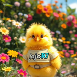 A charming yellow chick that appears very realistic, dressed in a stylish girl’s outfit that embodies a unique streetwear aesthetic