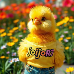 A charming yellow chick that appears very realistic, dressed in a stylish girl’s outfit that embodies a unique streetwear aesthetic