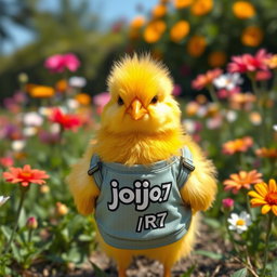 A charming yellow chick that appears very realistic, dressed in a stylish girl’s outfit that embodies a unique streetwear aesthetic