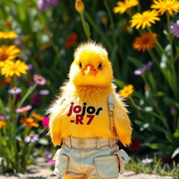 A charming yellow chick that appears very realistic, dressed in a stylish girl’s outfit that embodies a unique streetwear aesthetic