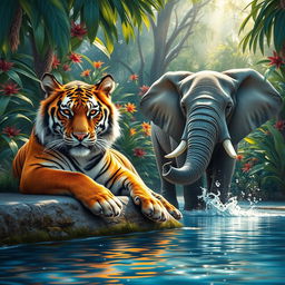 A captivating scene featuring a majestic tiger and a gentle elephant sharing a tranquil moment in a vibrant jungle setting