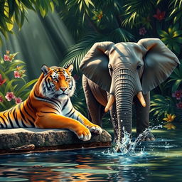 A captivating scene featuring a majestic tiger and a gentle elephant sharing a tranquil moment in a vibrant jungle setting
