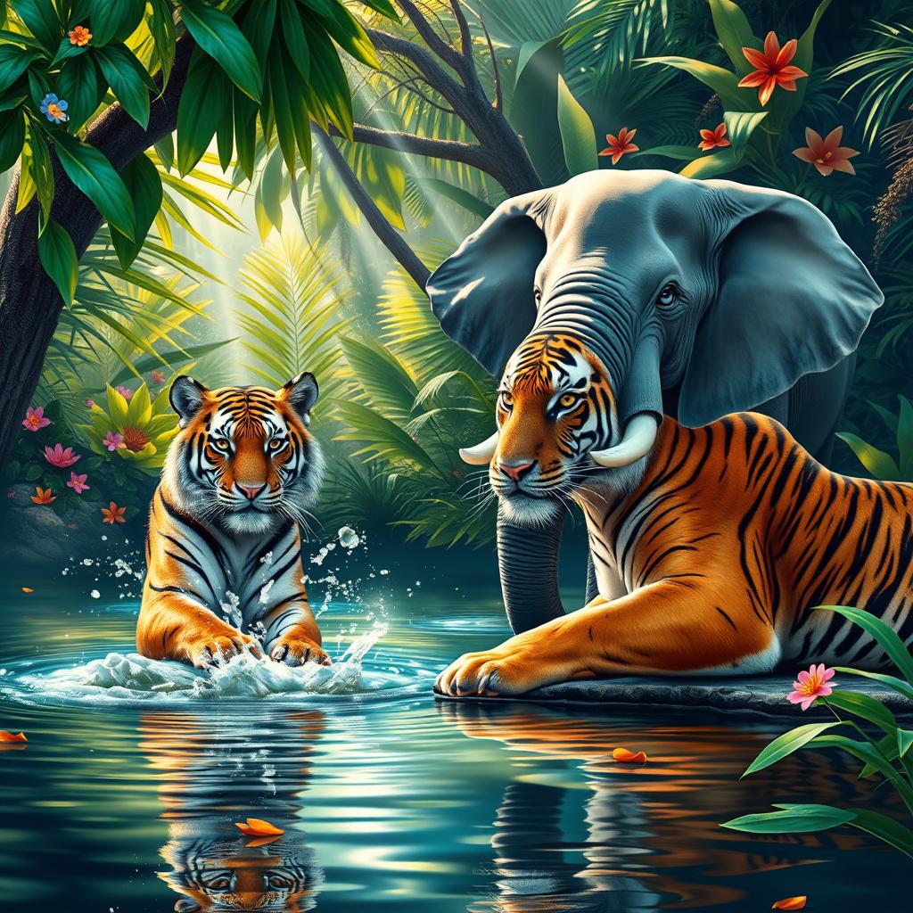 A captivating scene featuring a majestic tiger and a gentle elephant sharing a tranquil moment in a vibrant jungle setting