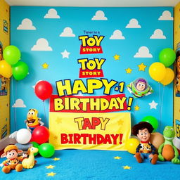 A colorful and vibrant backdrop for a one-year-old's birthday photoshoot, designed with a Toy Story theme