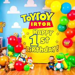 A colorful and vibrant backdrop for a one-year-old's birthday photoshoot, designed with a Toy Story theme