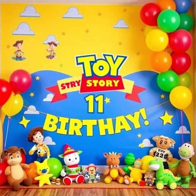 A colorful and vibrant backdrop for a one-year-old's birthday photoshoot, designed with a Toy Story theme
