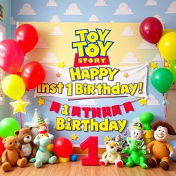 A colorful and vibrant backdrop for a one-year-old's birthday photoshoot, designed with a Toy Story theme