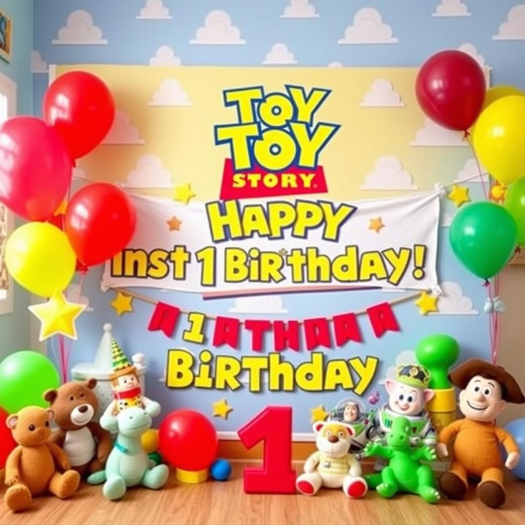 A colorful and vibrant backdrop for a one-year-old's birthday photoshoot, designed with a Toy Story theme