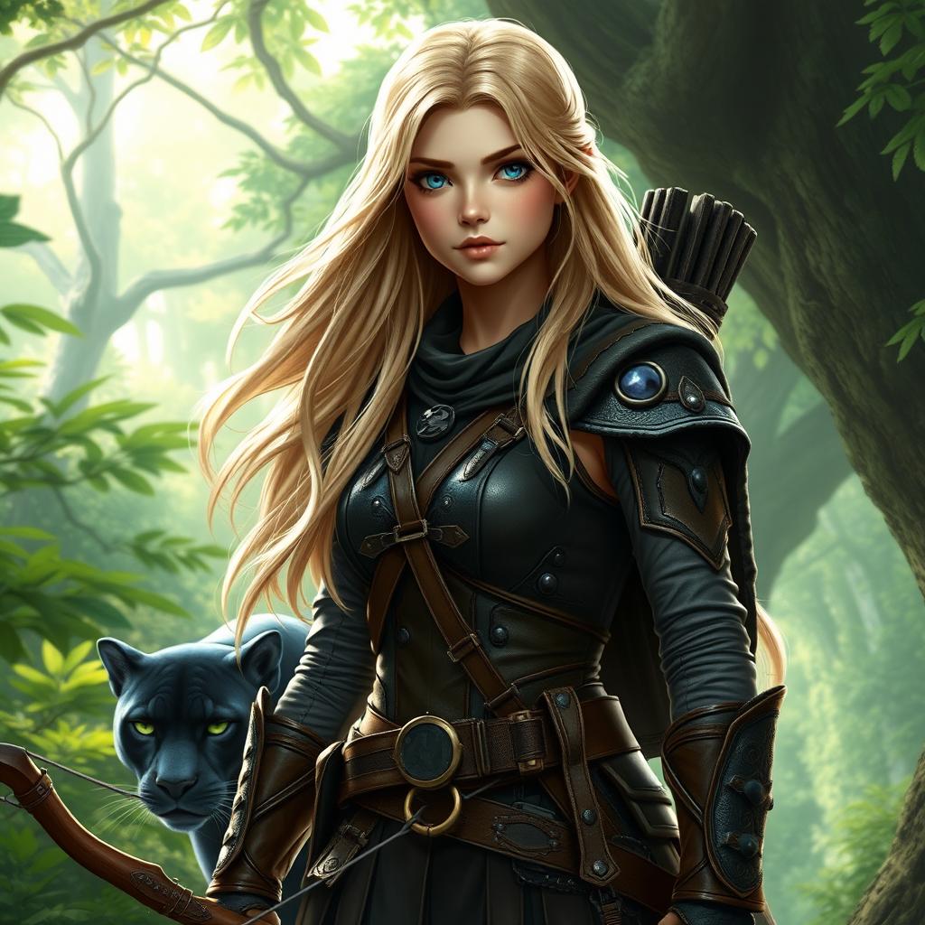 A young female blonde human ranger in a detailed fantasy style, wearing intricately designed leather armor that accentuates her athletic build