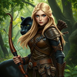 A young female blonde human ranger in a detailed fantasy style, wearing intricately designed leather armor that accentuates her athletic build
