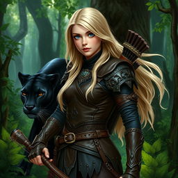 A young female blonde human ranger in a detailed fantasy style, wearing intricately designed leather armor that accentuates her athletic build