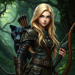 A young female blonde human ranger in a detailed fantasy style, wearing intricately designed leather armor that accentuates her athletic build