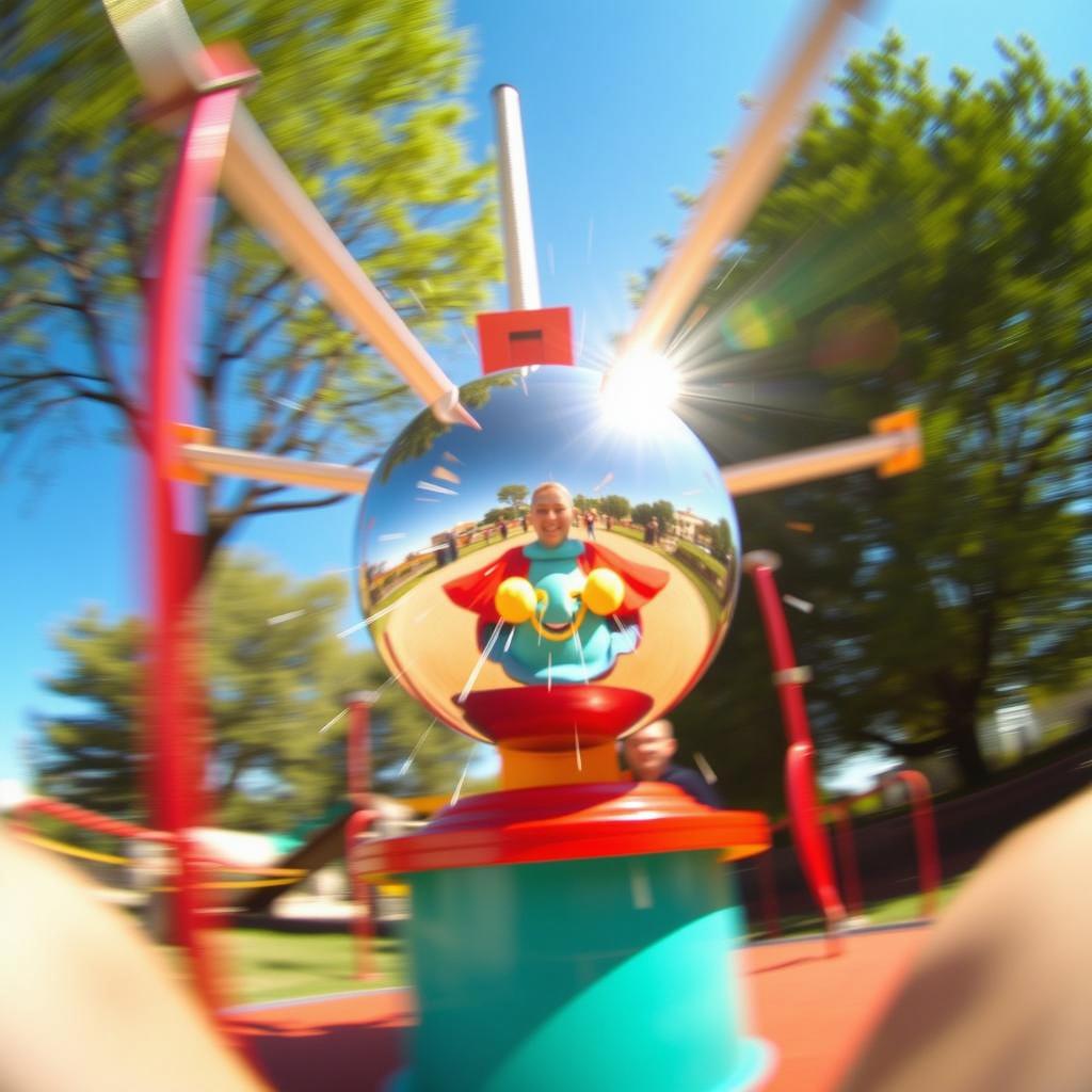 A whimsical view from the perspective of someone sitting on a simple metal merry-go-round, spinning around joyfully