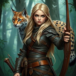 A fantasy-style young female blonde human ranger, clad in intricately designed leather armor that blends with her natural surroundings