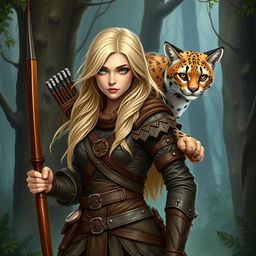 A fantasy-style young female blonde human ranger, clad in intricately designed leather armor that blends with her natural surroundings