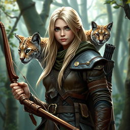 A fantasy-style young female blonde human ranger, clad in intricately designed leather armor that blends with her natural surroundings
