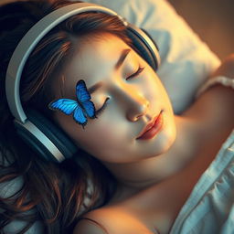 A beautiful young woman lying on a soft pillow, peacefully asleep, with a serene expression on her face