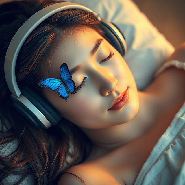 A beautiful young woman lying on a soft pillow, peacefully asleep, with a serene expression on her face