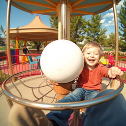 A whimsical scene viewed from the perspective of someone seated on a simple metal merry-go-round, spinning joyfully