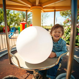 A whimsical scene viewed from the perspective of someone seated on a simple metal merry-go-round, spinning joyfully