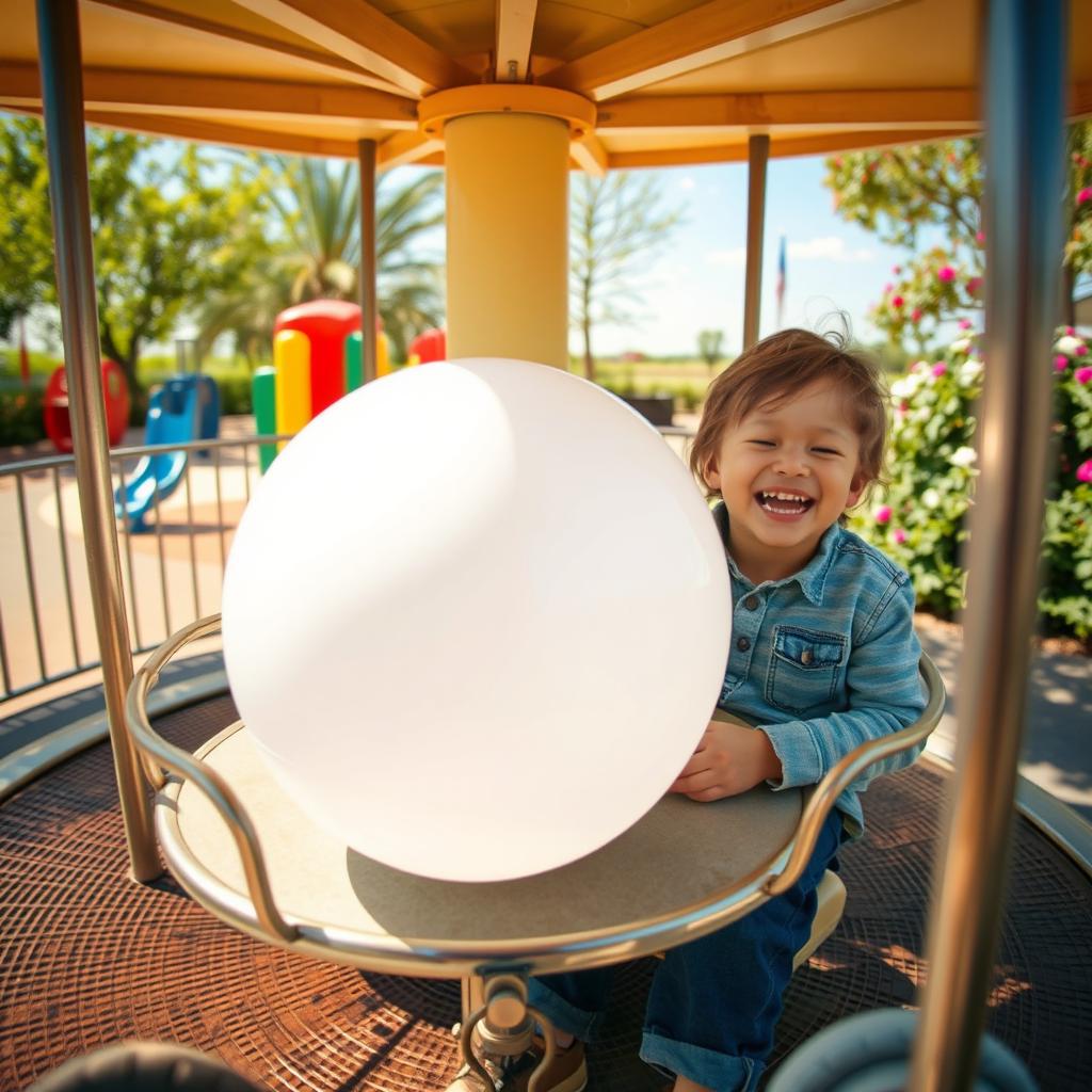 A whimsical scene viewed from the perspective of someone seated on a simple metal merry-go-round, spinning joyfully