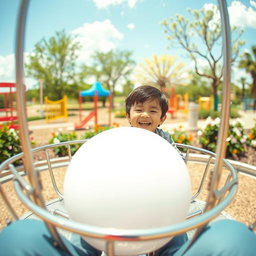 A whimsical scene viewed from the perspective of someone seated on a simple metal merry-go-round, spinning joyfully