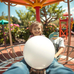 A whimsical scene viewed from the perspective of someone seated on a simple metal merry-go-round, spinning joyfully
