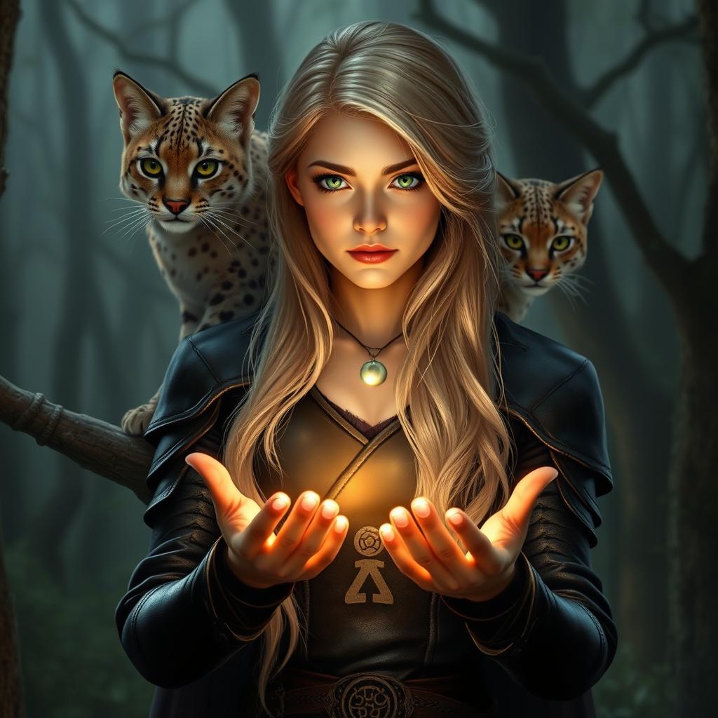A young female blonde human sorceress in a fantasy Dungeons & Dragons style, wearing sleek dark leather armor that enhances her mysterious allure