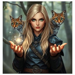 A young female blonde human sorceress in a fantasy Dungeons & Dragons style, wearing sleek dark leather armor that enhances her mysterious allure