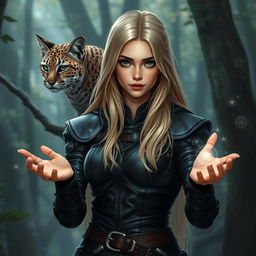 A young female blonde human sorceress in a fantasy Dungeons & Dragons style, wearing sleek dark leather armor that enhances her mysterious allure