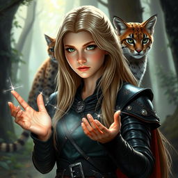 A young female blonde human sorceress in a fantasy Dungeons & Dragons style, wearing sleek dark leather armor that enhances her mysterious allure