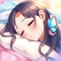 A beautiful young woman, styled in a Japanese anime aesthetic, peacefully sleeping on a soft pillow, her serene expression conveying tranquility