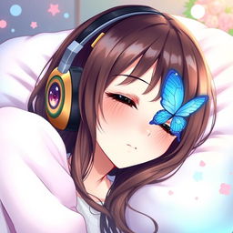 A beautiful young woman, styled in a Japanese anime aesthetic, peacefully sleeping on a soft pillow, her serene expression conveying tranquility