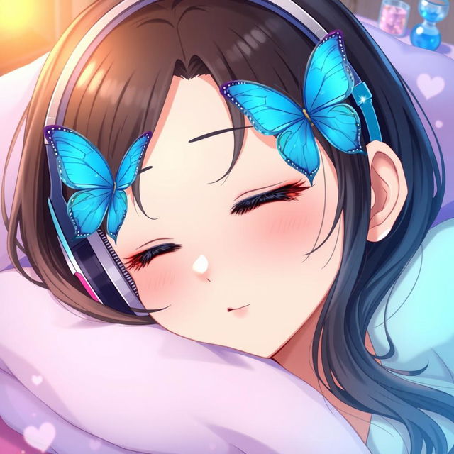 A beautiful young woman, styled in a Japanese anime aesthetic, peacefully sleeping on a soft pillow, her serene expression conveying tranquility