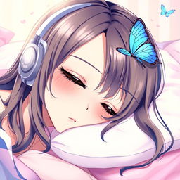 A beautiful young woman, styled in a Japanese anime aesthetic, peacefully sleeping on a soft pillow, her serene expression conveying tranquility