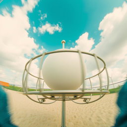 A unique perspective from someone sitting on a simple metal merry-go-round, spinning around