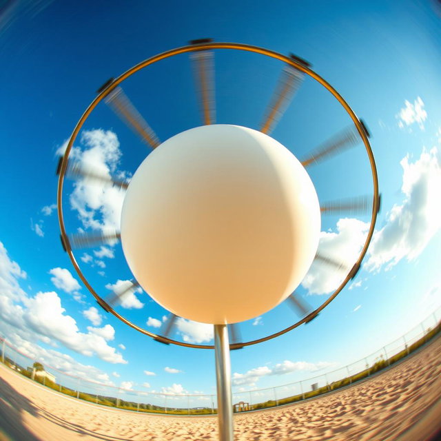 A unique perspective from someone sitting on a simple metal merry-go-round, spinning around