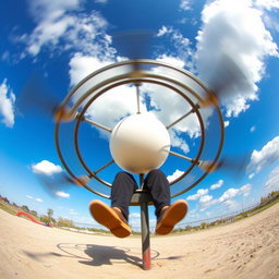 A unique perspective from someone sitting on a simple metal merry-go-round, spinning around