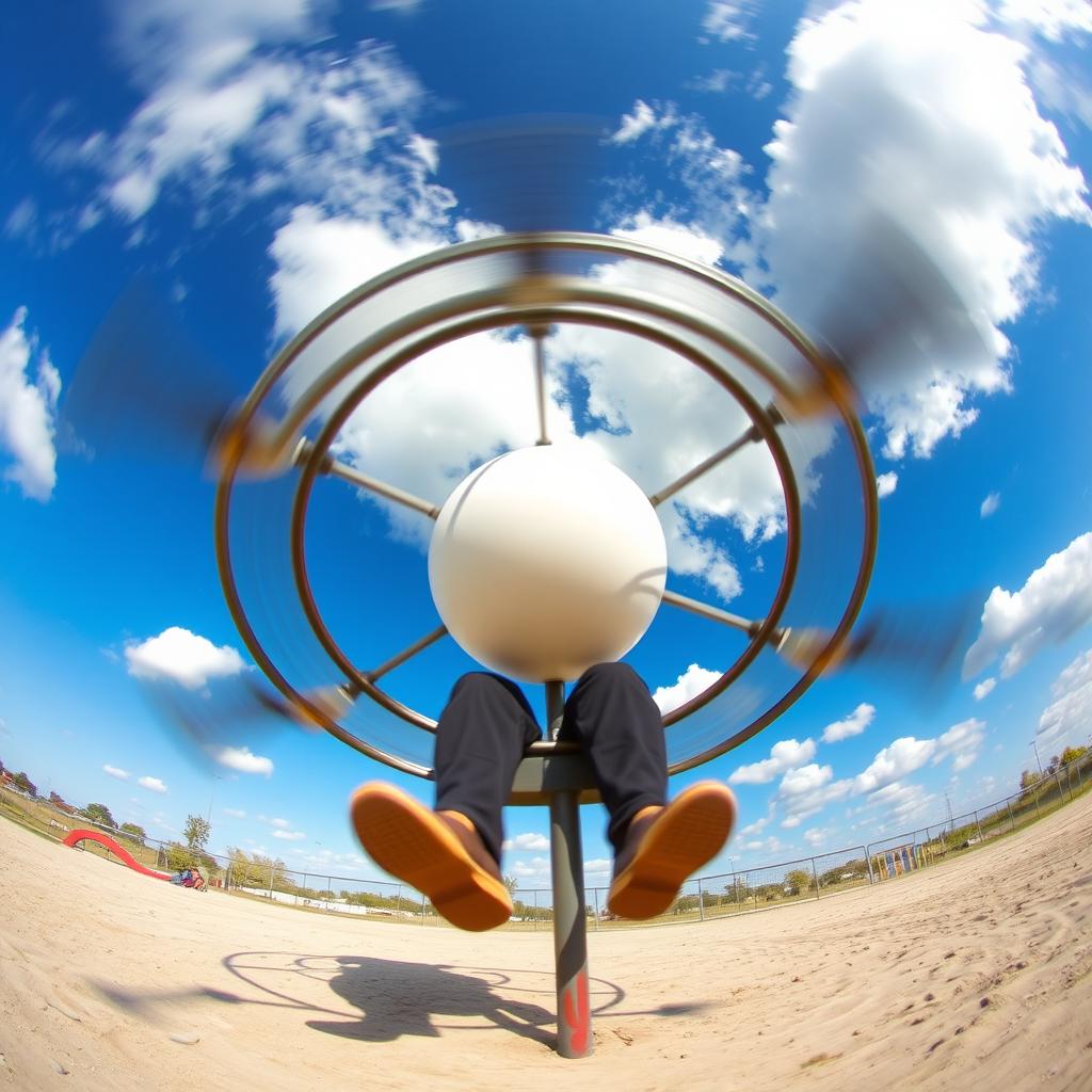 A unique perspective from someone sitting on a simple metal merry-go-round, spinning around