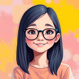 A digital illustration of a young girl with straight hair that reaches to her shoulders, wearing stylish glasses, set against a vibrant background