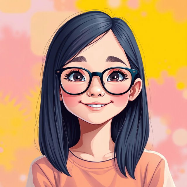 A digital illustration of a young girl with straight hair that reaches to her shoulders, wearing stylish glasses, set against a vibrant background