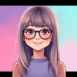 A digital illustration of a young girl with straight hair that reaches to her shoulders, wearing stylish glasses, set against a vibrant background
