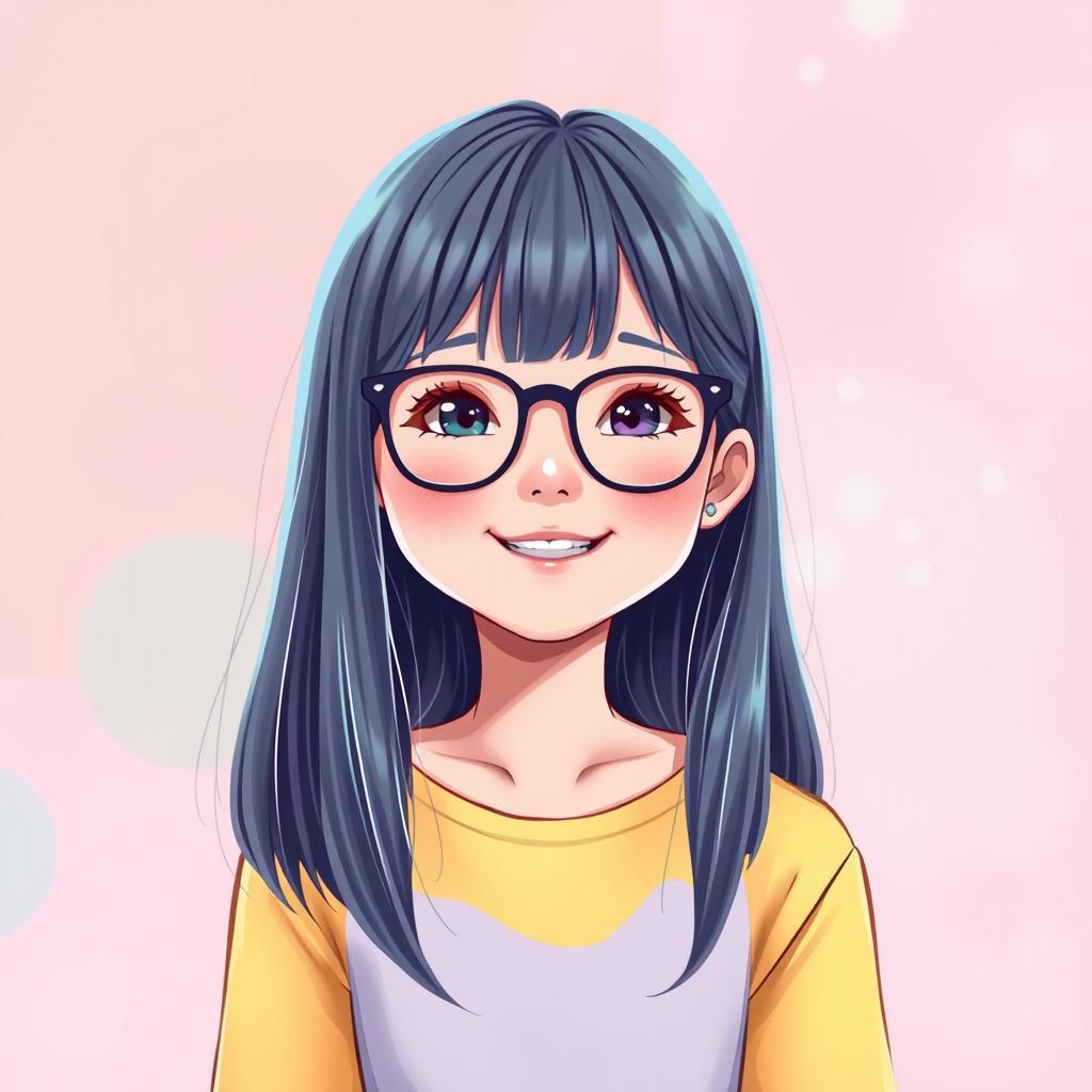 A digital illustration of a young girl with straight hair that reaches to her shoulders, wearing stylish glasses, set against a vibrant background