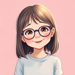 A digital illustration of a young girl with straight hair that reaches to her shoulders, wearing stylish glasses, set against a vibrant background