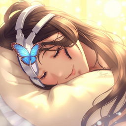A beautiful young woman sleeping with her head resting on a soft pillow, wearing headphones