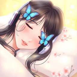 A beautiful young woman sleeping with her head resting on a soft pillow, wearing headphones