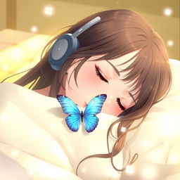 A beautiful young woman sleeping with her head resting on a soft pillow, wearing headphones