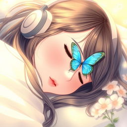 A beautiful young woman sleeping with her head resting on a soft pillow, wearing headphones
